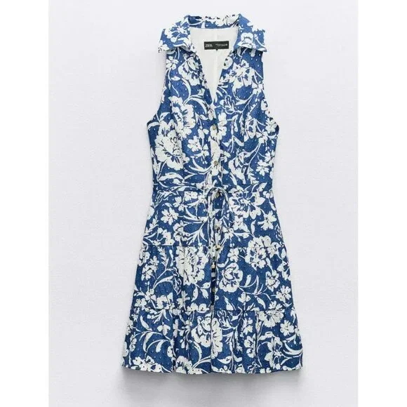 ZARA Womens Blue White Floral Embroidered Sleeveless Dress Size XL - Picture 4 of 15